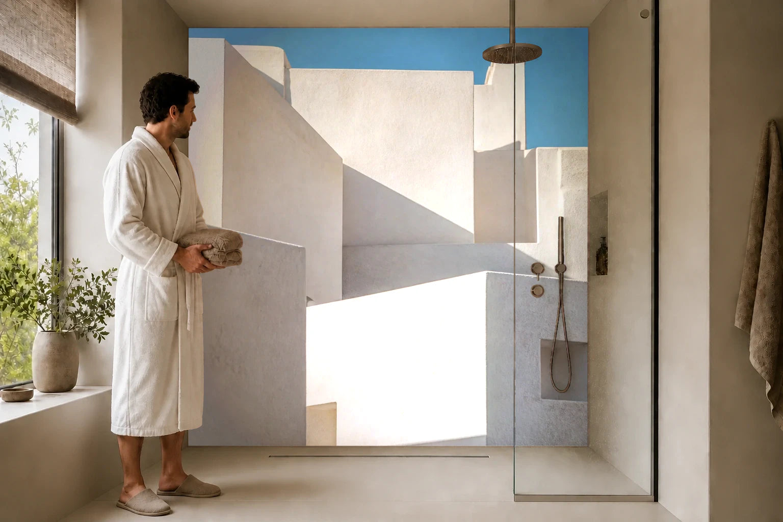 Duschrückwand „Weiße Kuben im Küstenlicht“ in einer Dusche mit einem Mann im Bademantel