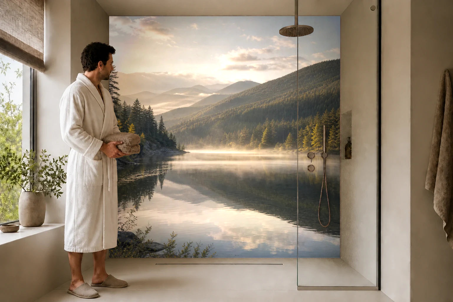 Duschrückwand „Morgennebel am Spiegelsee“ in einer Dusche mit einem Mann im Bademantel