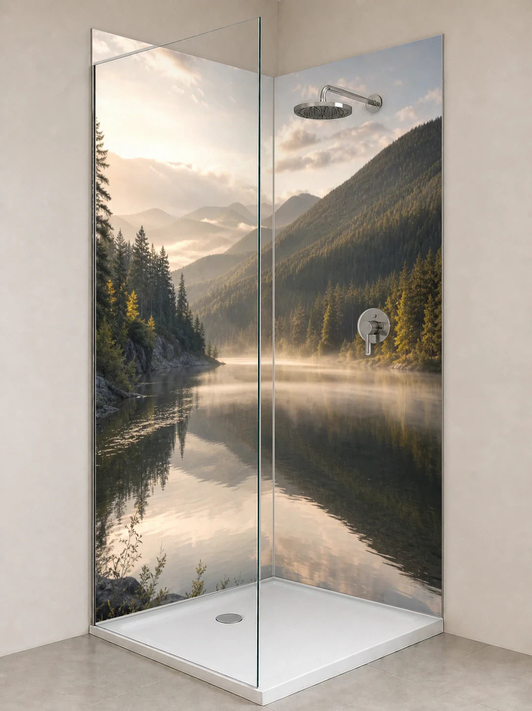 Duschrückwand „Morgennebel am Spiegelsee“ als installierte Rückwand in einer hellen Dusche