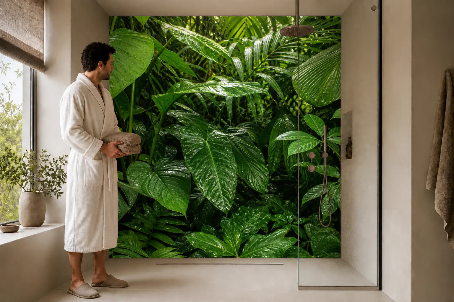 Duschrückwand „Regenlaub im Dschungellicht“ in einer Dusche mit einem Mann im Bademantel