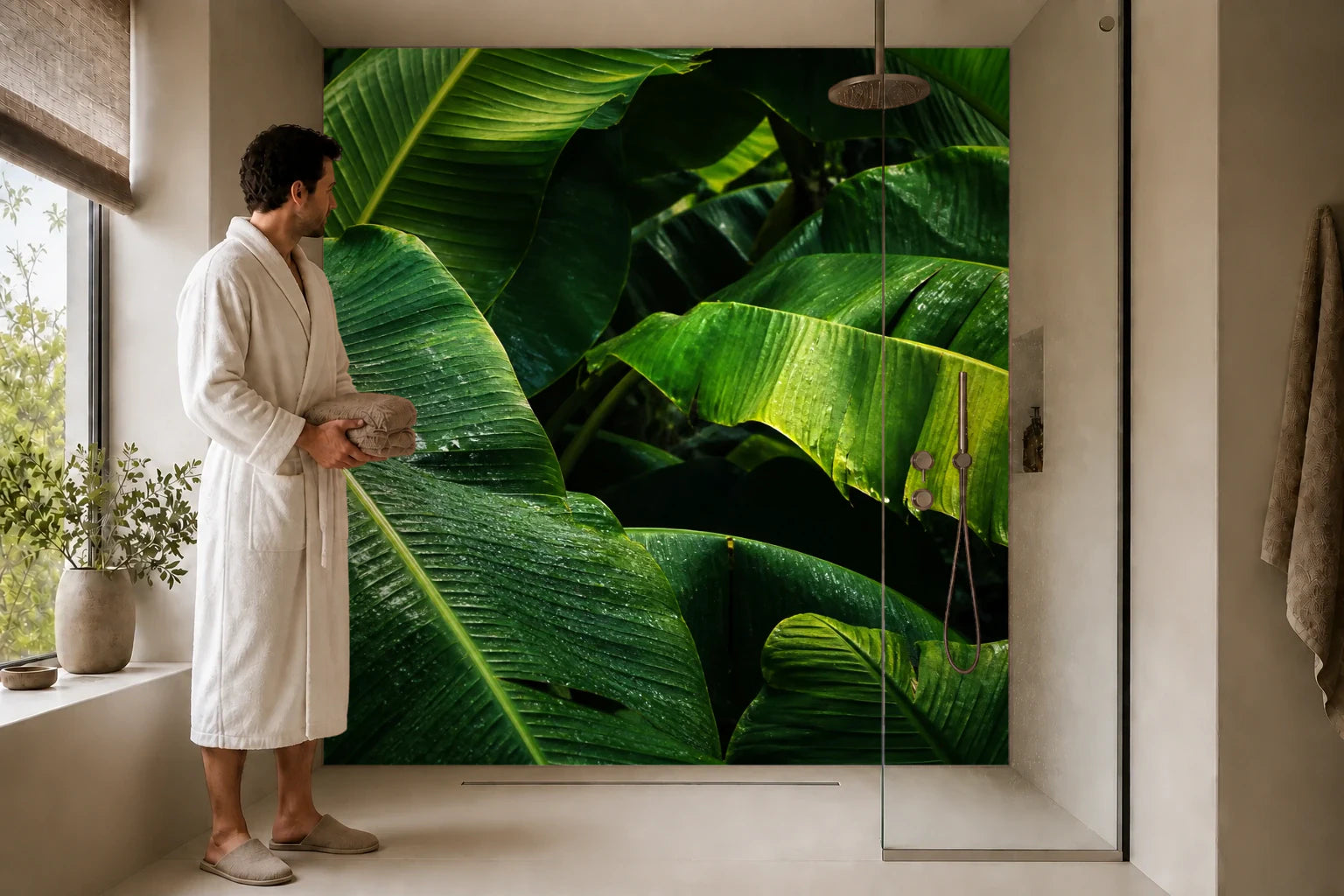 Duschrückwand „Bananenblätter im Smaragdlicht“ in einer Dusche mit einem Mann im Bademantel