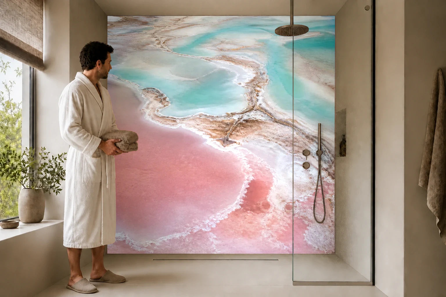 Duschrückwand „Salzlagune in Rosa und Türkis“ in einer Dusche mit einem Mann im Bademantel