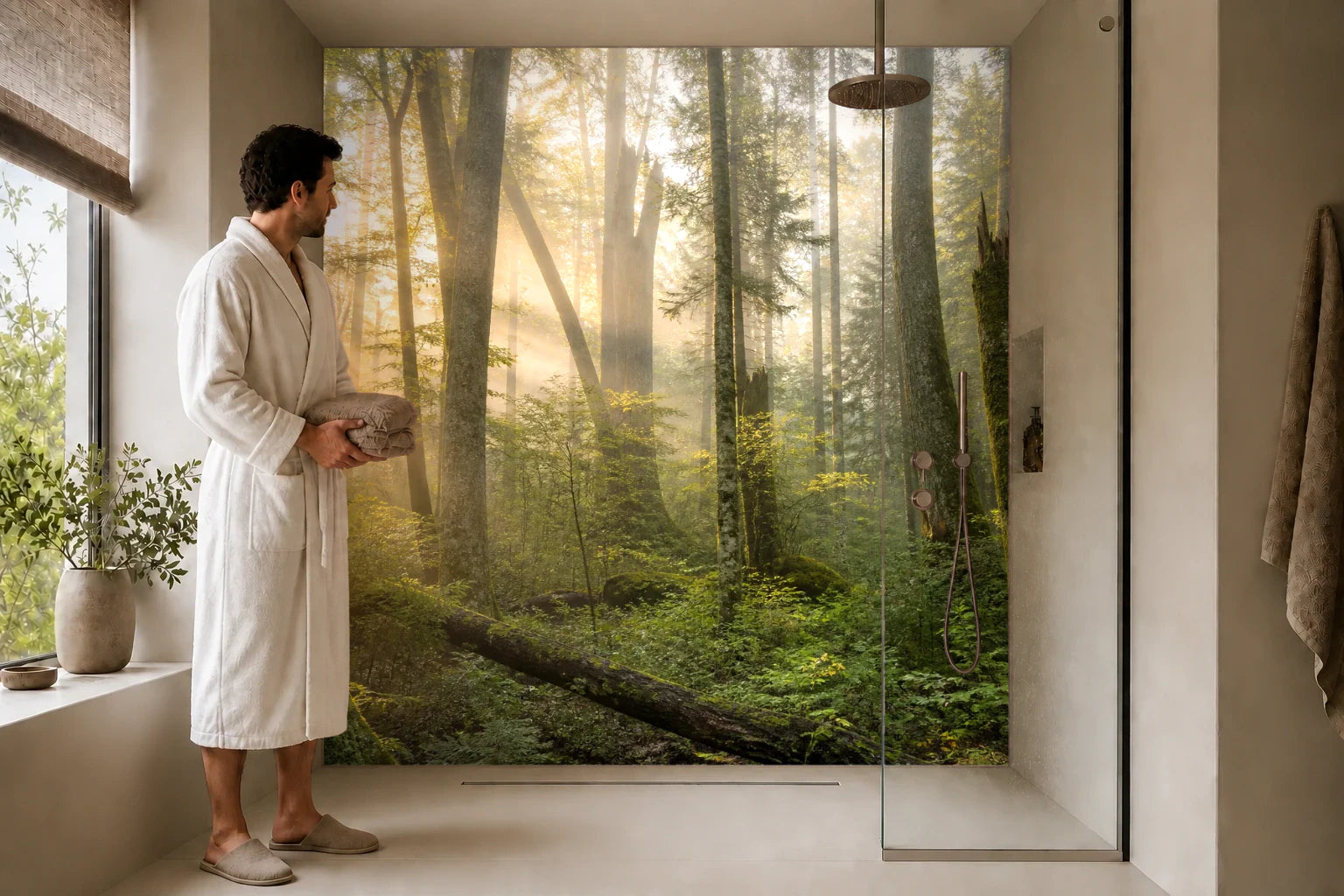 Duschrückwand „Waldkathedrale im Morgennebel“ in einer Dusche mit einem Mann im Bademantel