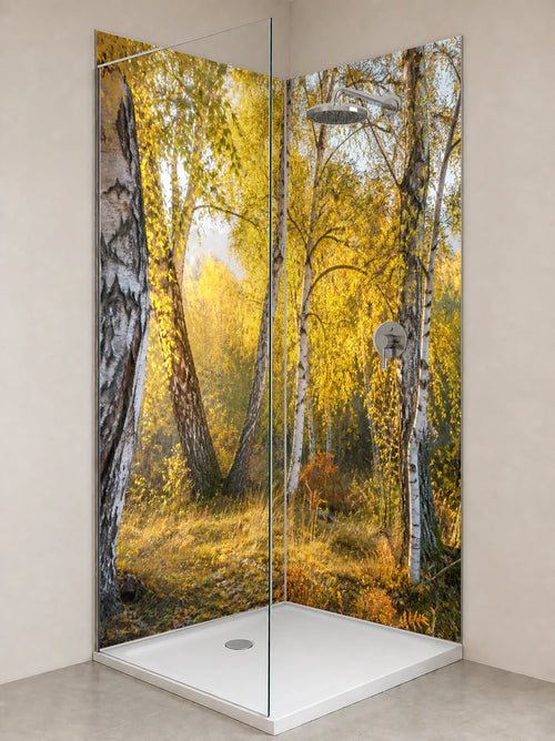 Duschrückwand „Birkenlicht im goldenen Herbst“ als installierte Rückwand in einer hellen Dusche