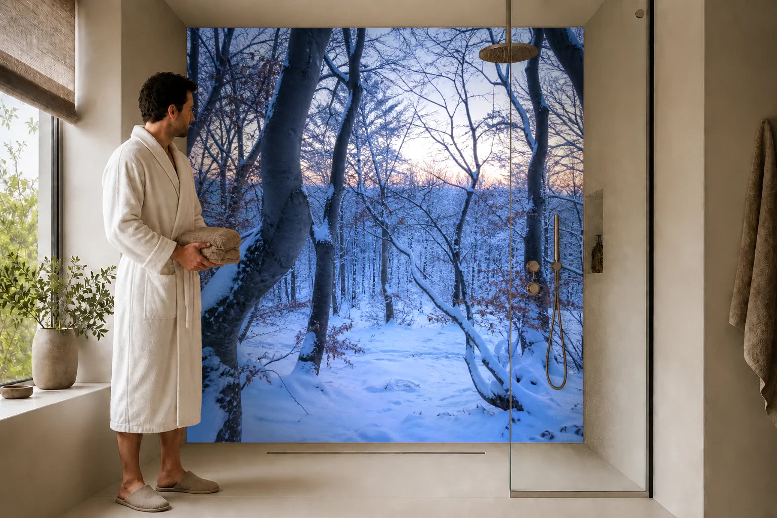 Duschrückwand „Schneebuchen im blauen Morgen“ in einer Dusche mit einem Mann im Bademantel