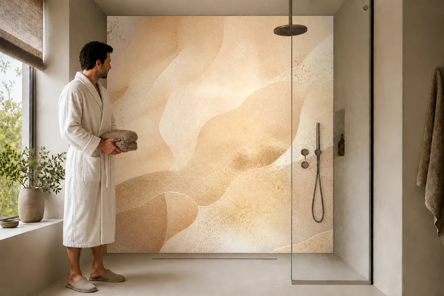 Duschrückwand „Freiraum in Sand“ in einer Dusche mit einem Mann im Bademantel