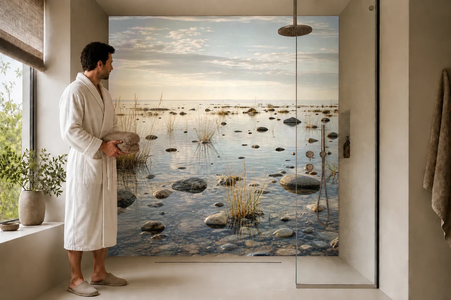 Duschrückwand „Steinruhe am Wasserrand“ in einer Dusche mit einem Mann im Bademantel
