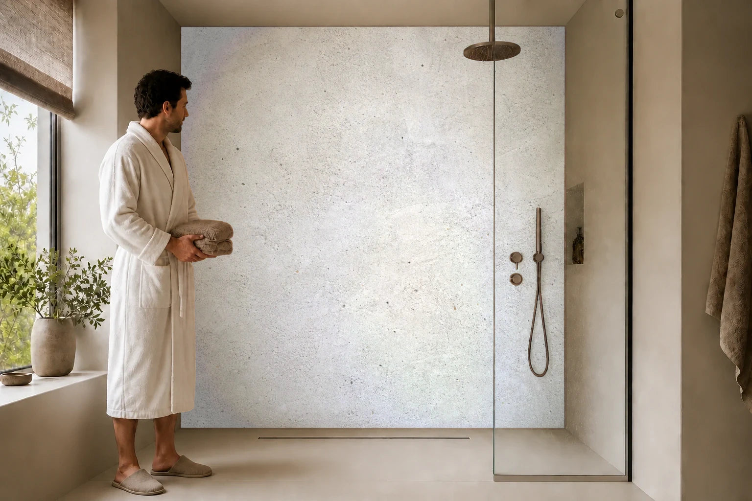 Duschrückwand „Kalkgrauer Sichtbeton“ in einer Dusche mit einem Mann im Bademantel