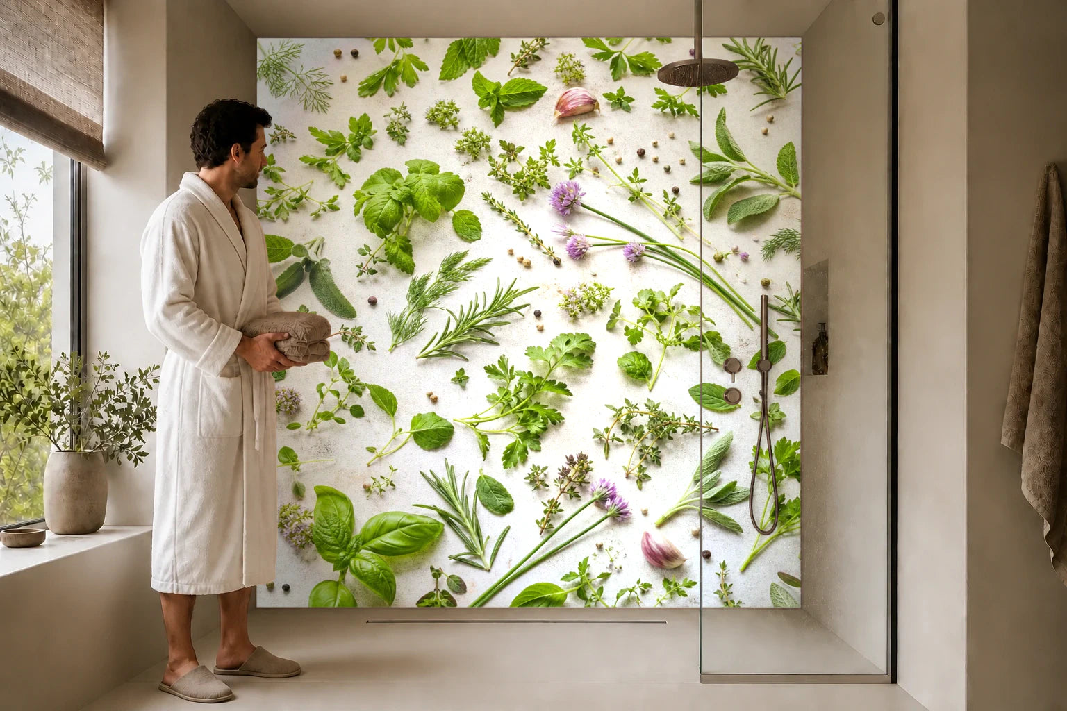 Duschrückwand „Grüner Kräutergarten“ in einer Dusche mit einem Mann im Bademantel