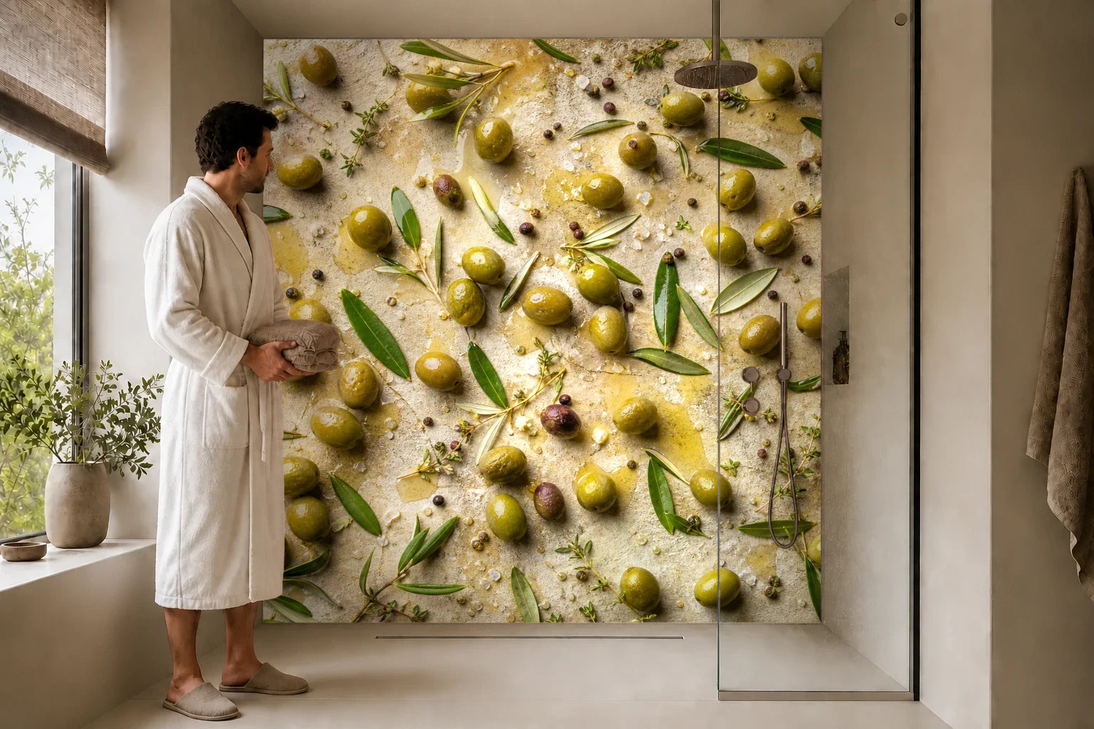 Duschrückwand „Oliven im Goldton“ in einer Dusche mit einem Mann im Bademantel