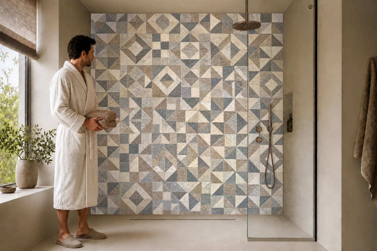 Duschrückwand „Verblasstes Mosaikgewebe“ in einer Dusche mit einem Mann im Bademantel