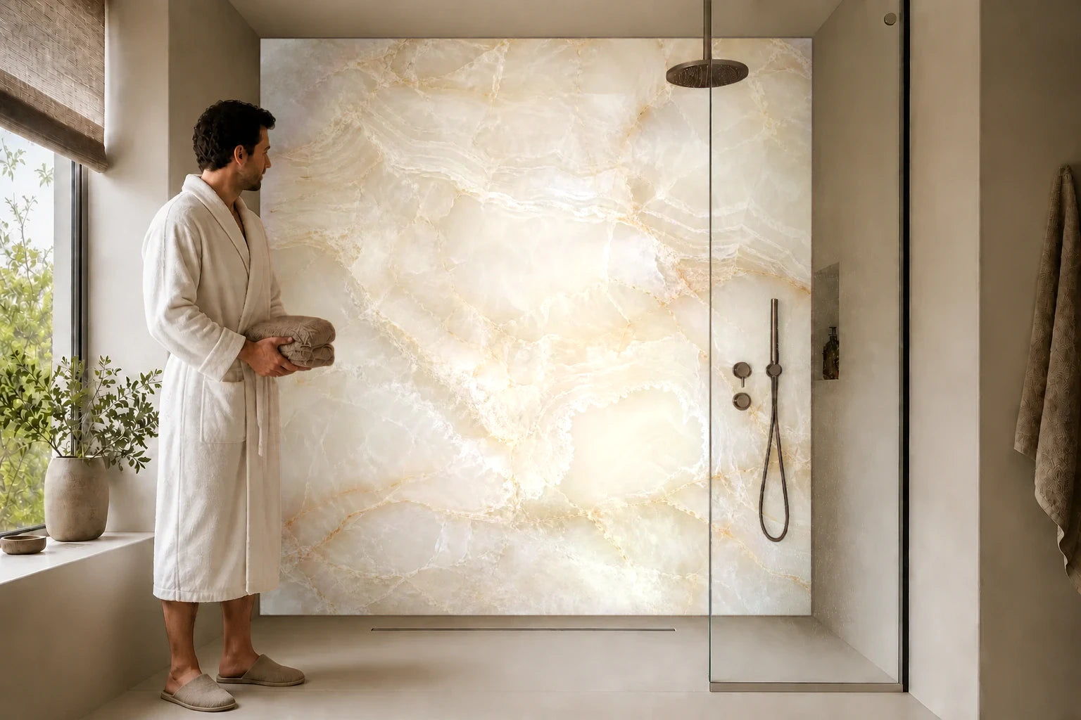 Duschrückwand „Onyxwolke in Elfenbein“ in einer Dusche mit einem Mann im Bademantel