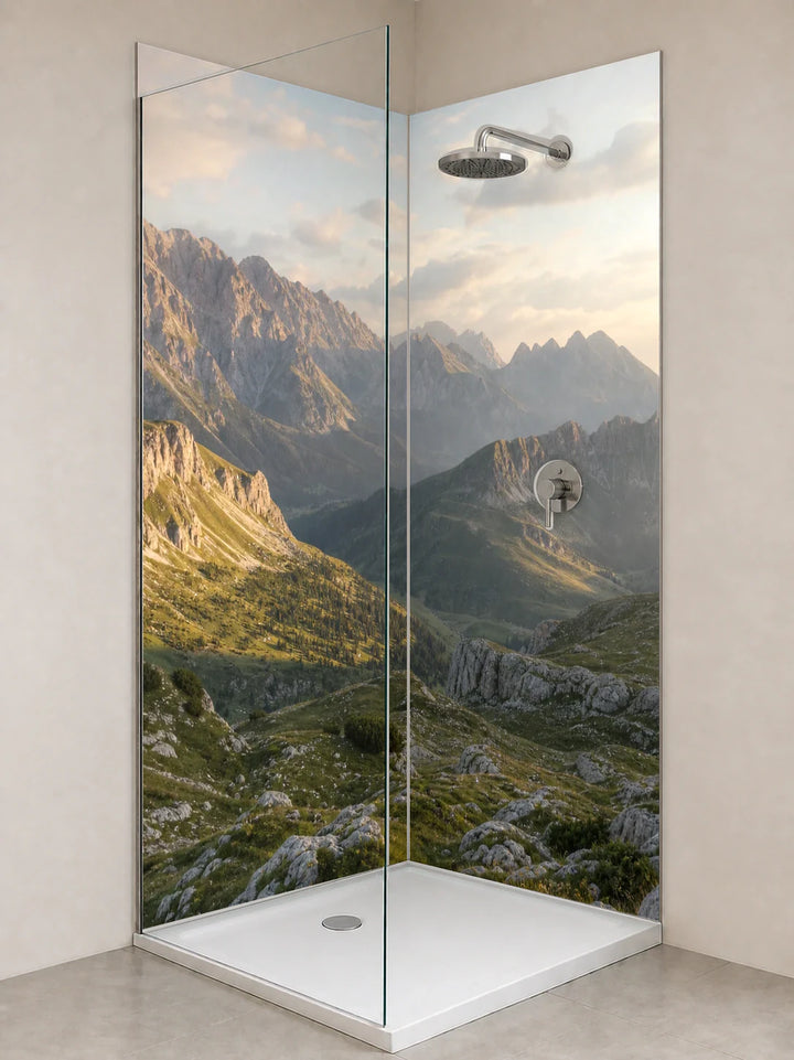 Duschrückwand „Alpenwiesen im Morgenlicht“ als installierte Rückwand in einer hellen Dusche