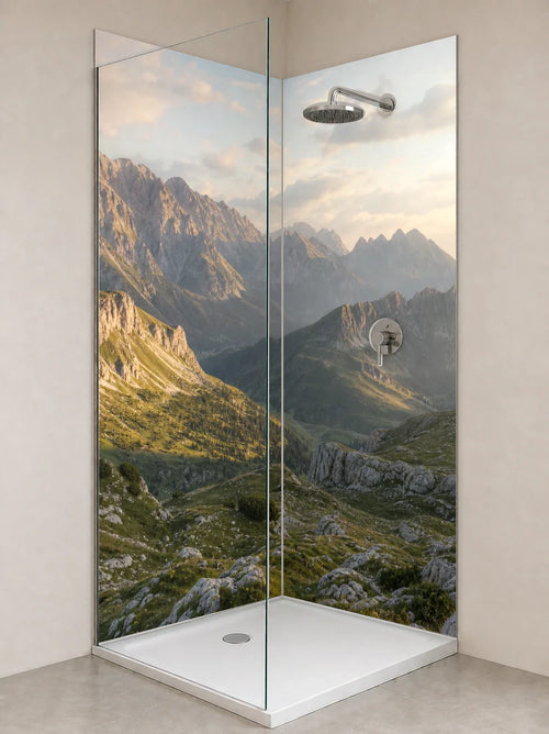 Duschrückwand „Alpenwiesen im Morgenlicht“ als installierte Rückwand in einer hellen Dusche