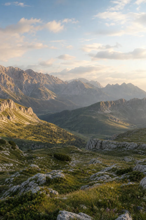 Motivvorschau „Alpenwiesen im Morgenlicht“ für Duschrückwand