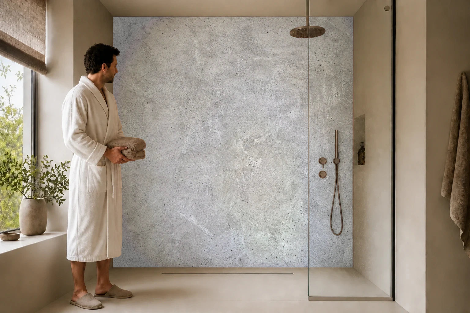 Duschrückwand „Wolkenhaut aus Grau“ in einer Dusche mit einem Mann im Bademantel