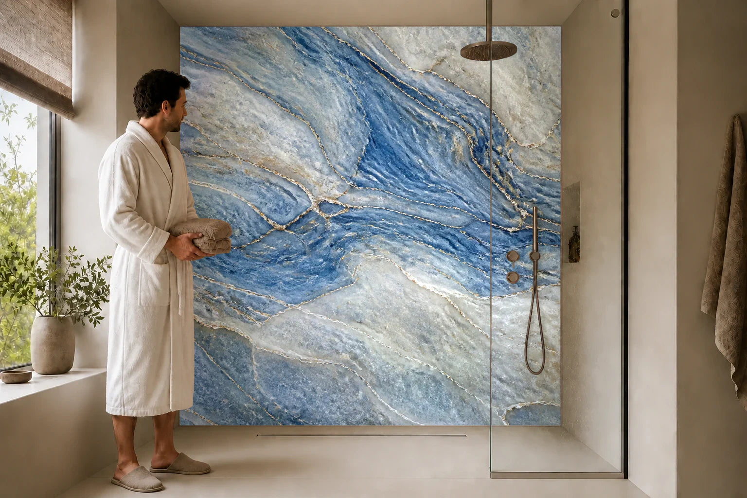 Duschrückwand „Azurstein mit Goldschimmer“ in einer Dusche mit einem Mann im Bademantel