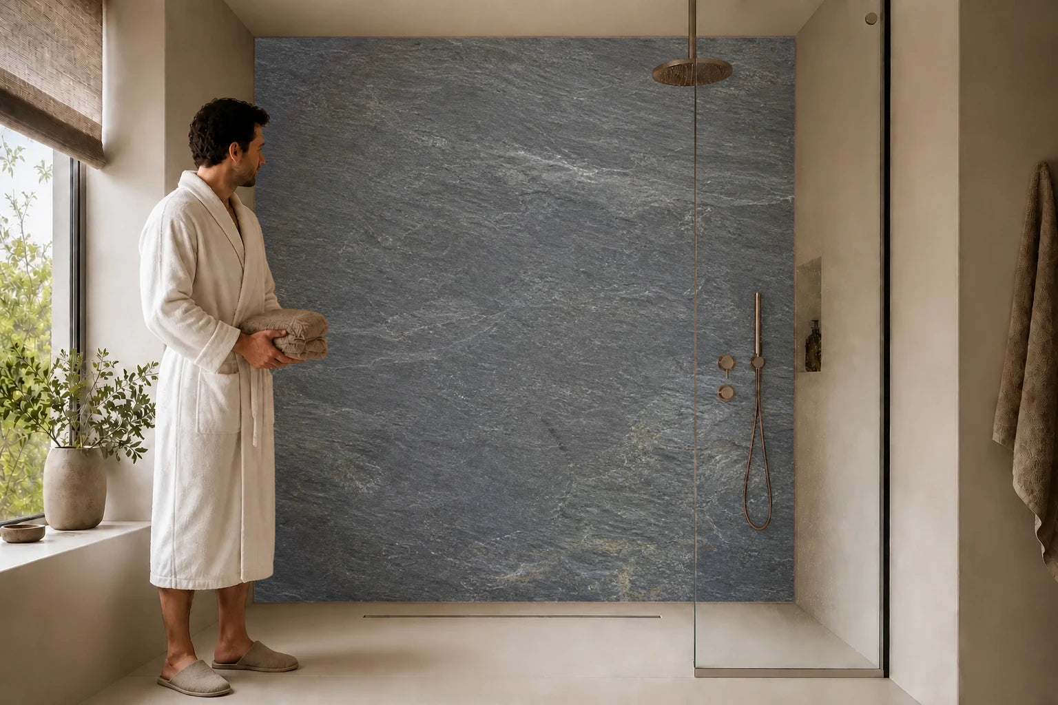 Duschrückwand „Anthrazitschiefer im Mattton“ in einer Dusche mit einem Mann im Bademantel