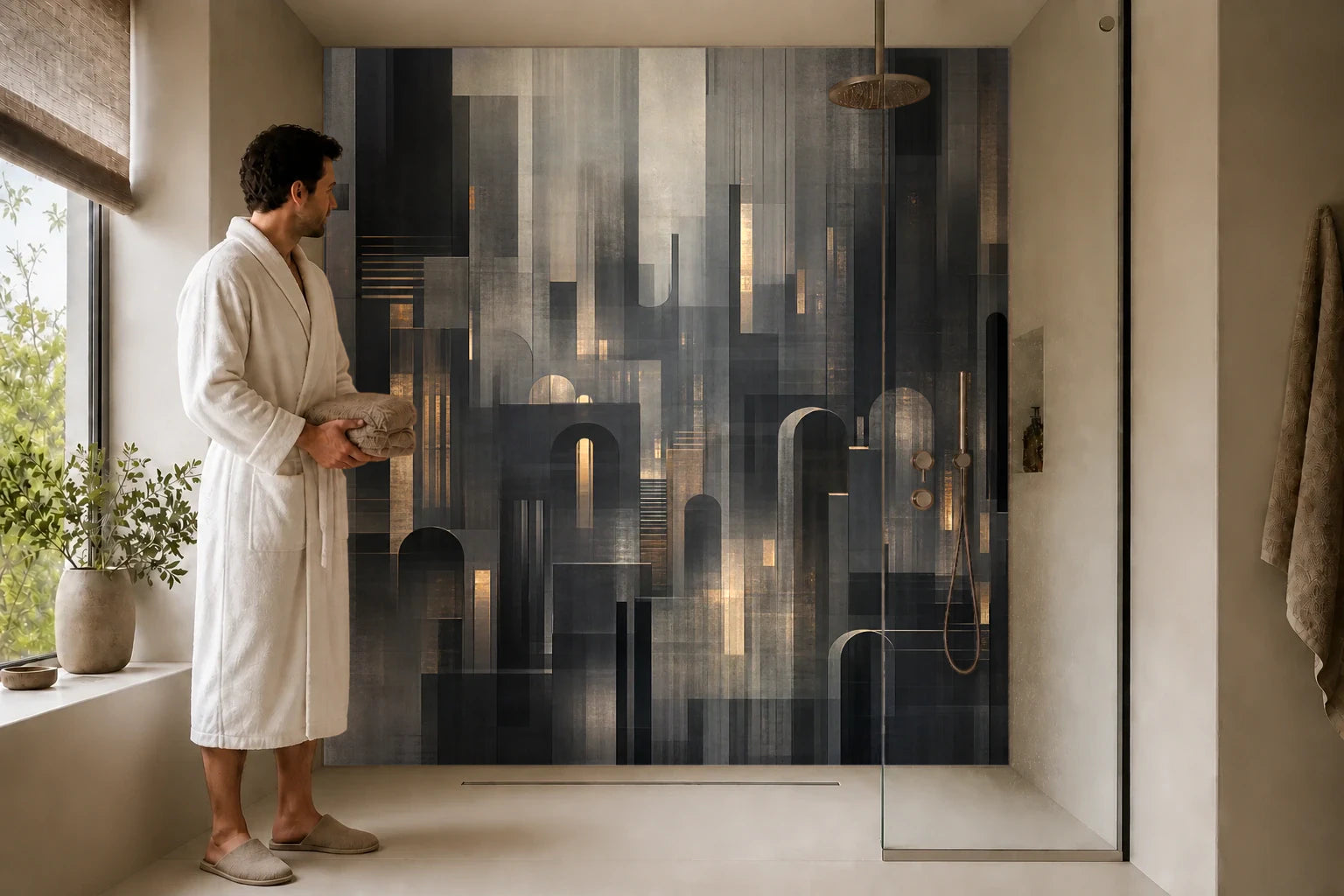 Duschrückwand „Nachtlinien in Graphit“ in einer Dusche mit einem Mann im Bademantel