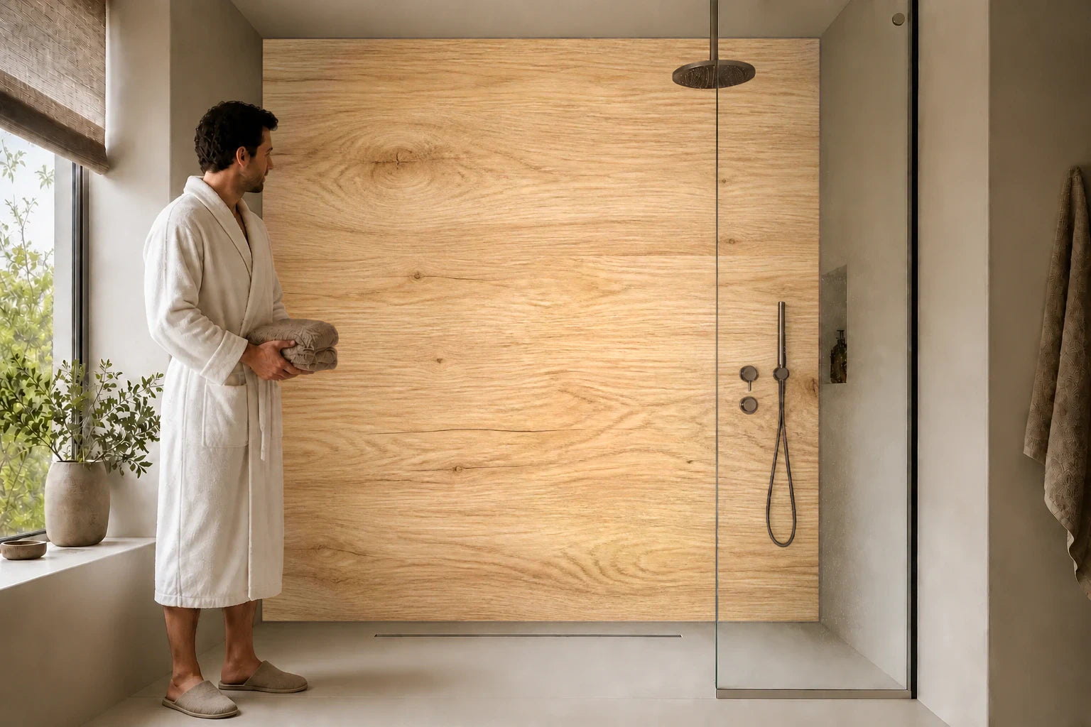 Duschrückwand „Eiche Honiglinie“ in einer Dusche mit einem Mann im Bademantel