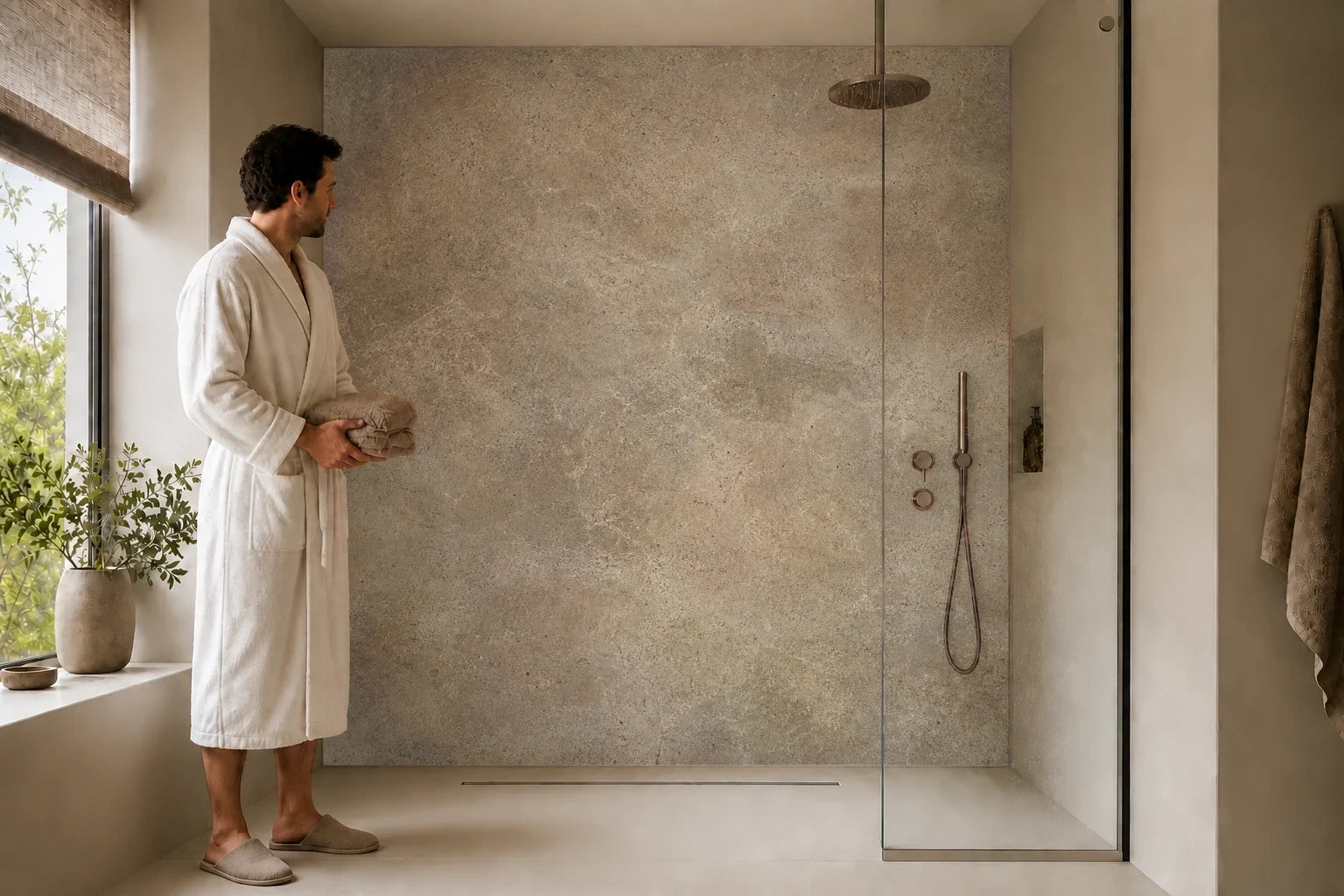 Duschrückwand „Zementpatina in Umbra“ in einer Dusche mit einem Mann im Bademantel