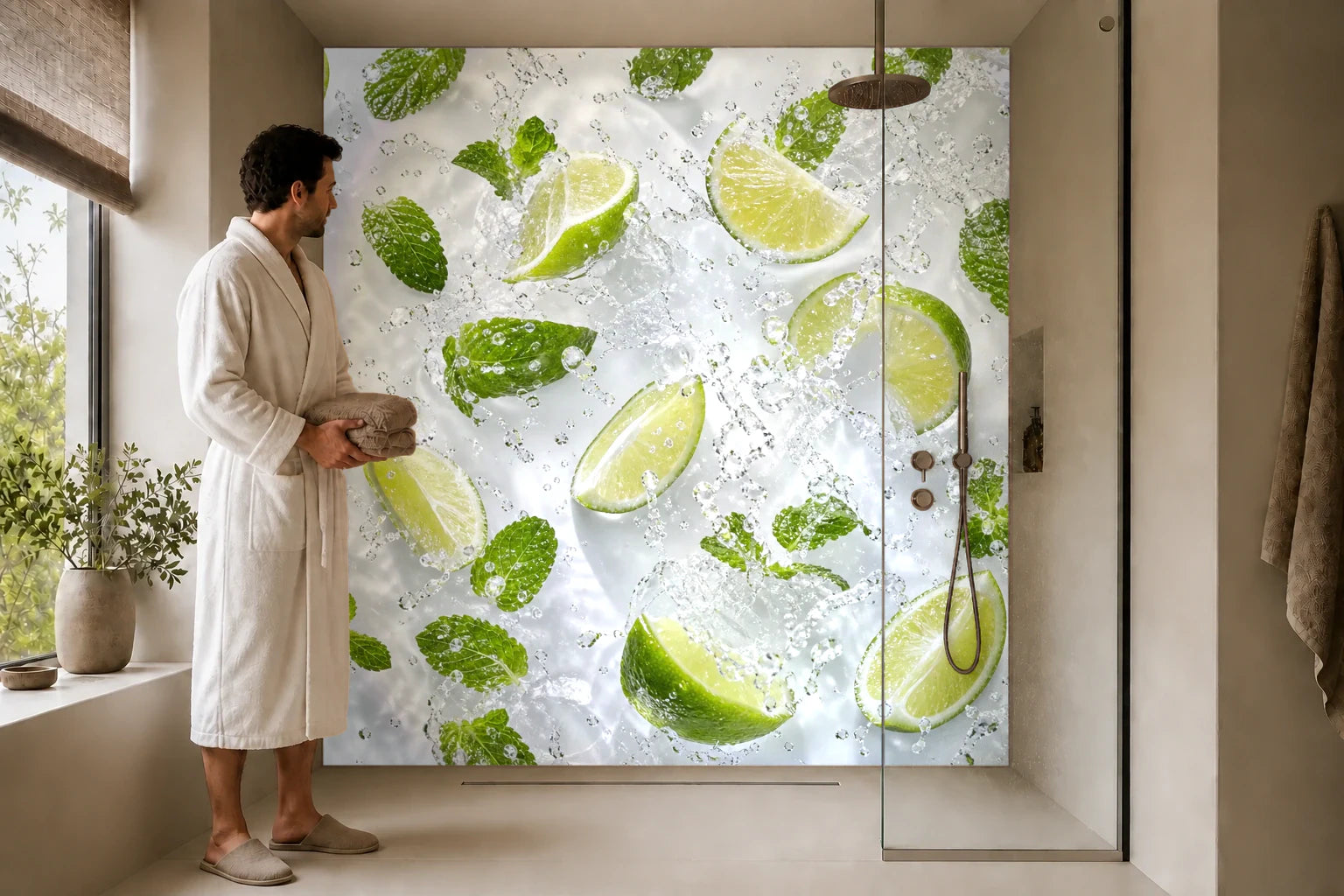 Duschrückwand „Limettenfrische im Sprudel“ in einer Dusche mit einem Mann im Bademantel