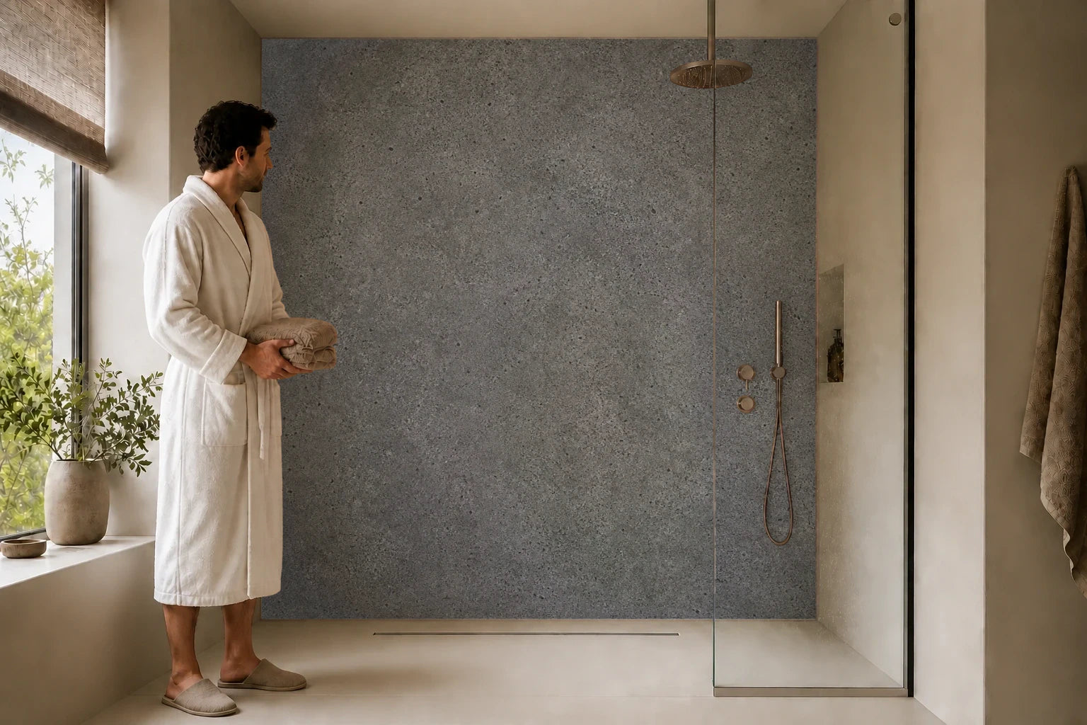 Duschrückwand „Dunkelkorn aus Stein“ in einer Dusche mit einem Mann im Bademantel