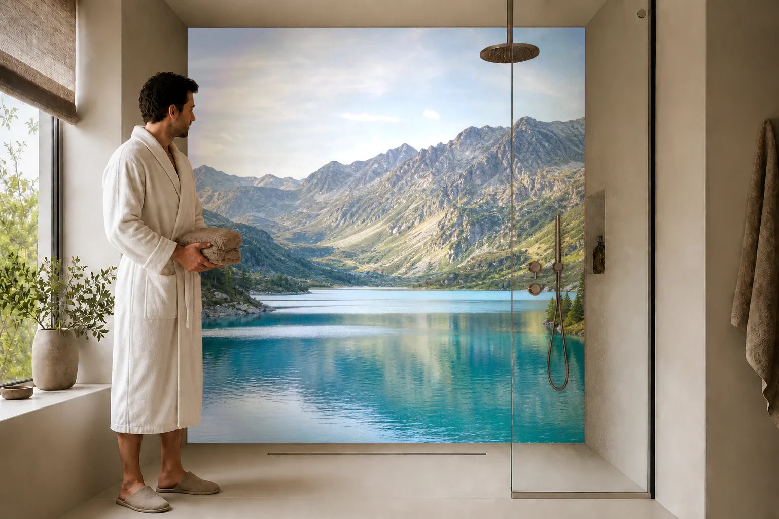 Duschrückwand „Türkisruhe im Frühlicht“ in einer Dusche mit einem Mann im Bademantel