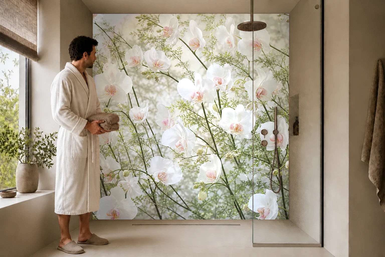 Duschrückwand „Orchideenlicht in Rosé“ in einer Dusche mit einem Mann im Bademantel