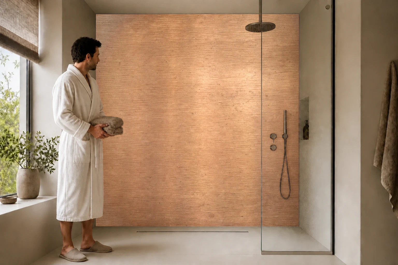 Duschrückwand „Gebürstetes Kupfergold“ in einer Dusche mit einem Mann im Bademantel