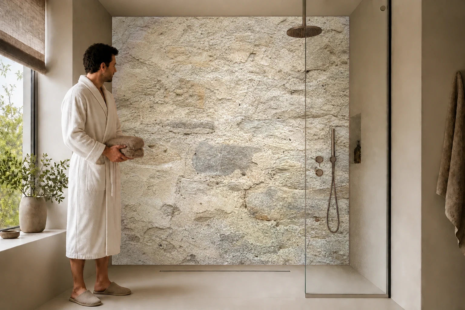 Duschrückwand „Verwittertes Kalkmauerwerk“ in einer Dusche mit einem Mann im Bademantel