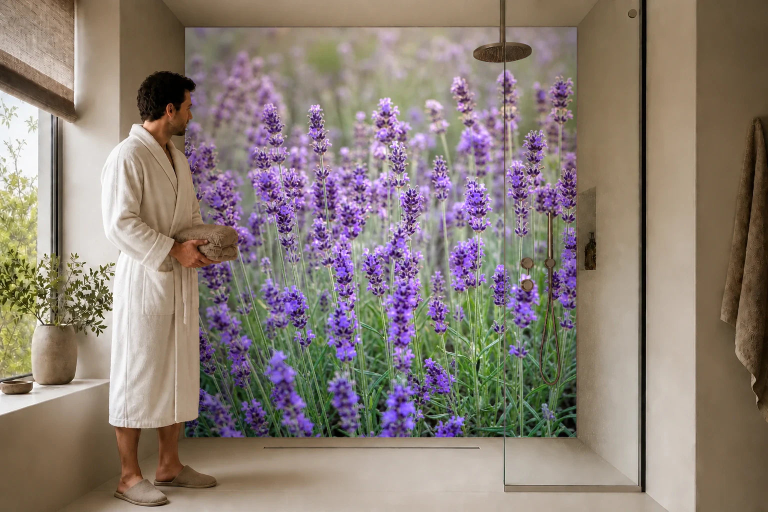 Duschrückwand „Lavendel im sanften Dunst“ in einer Dusche mit einem Mann im Bademantel