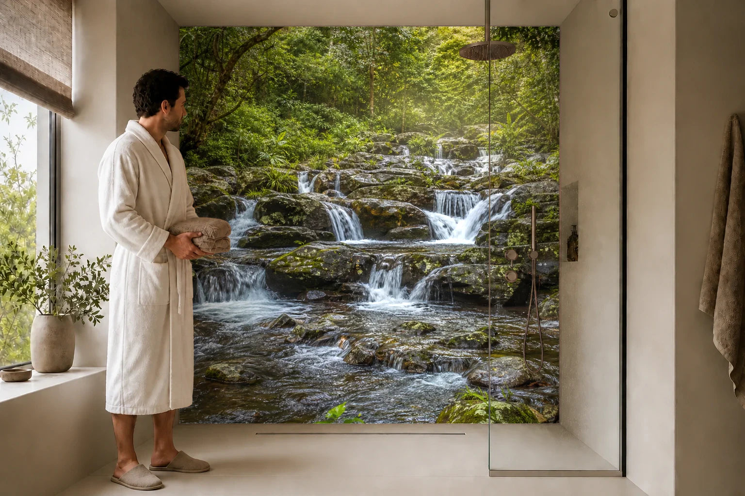Duschrückwand „Waldwasser über Felsen“ in einer Dusche mit einem Mann im Bademantel