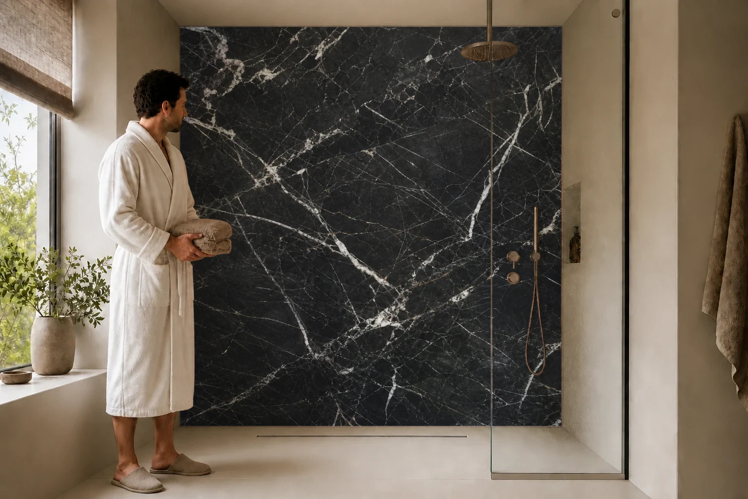Duschrückwand „Nero Marmor mit Lichtadern“ in einer Dusche mit einem Mann im Bademantel