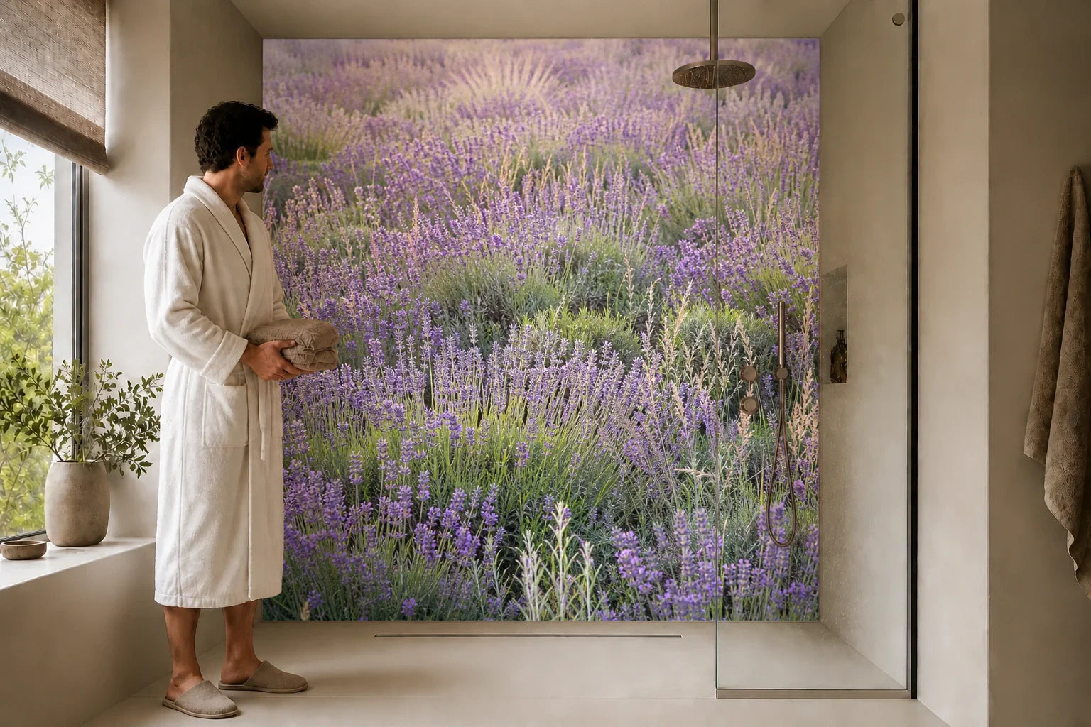 Duschrückwand „Lavendelfeld im Sommerhauch“ in einer Dusche mit einem Mann im Bademantel