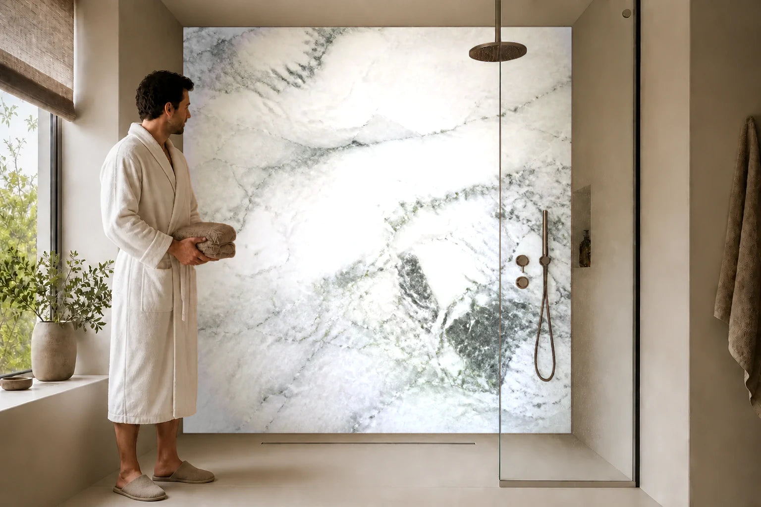 Duschrückwand „Grauweißer Marmor mit Salbeihauch“ in einer Dusche mit einem Mann im Bademantel