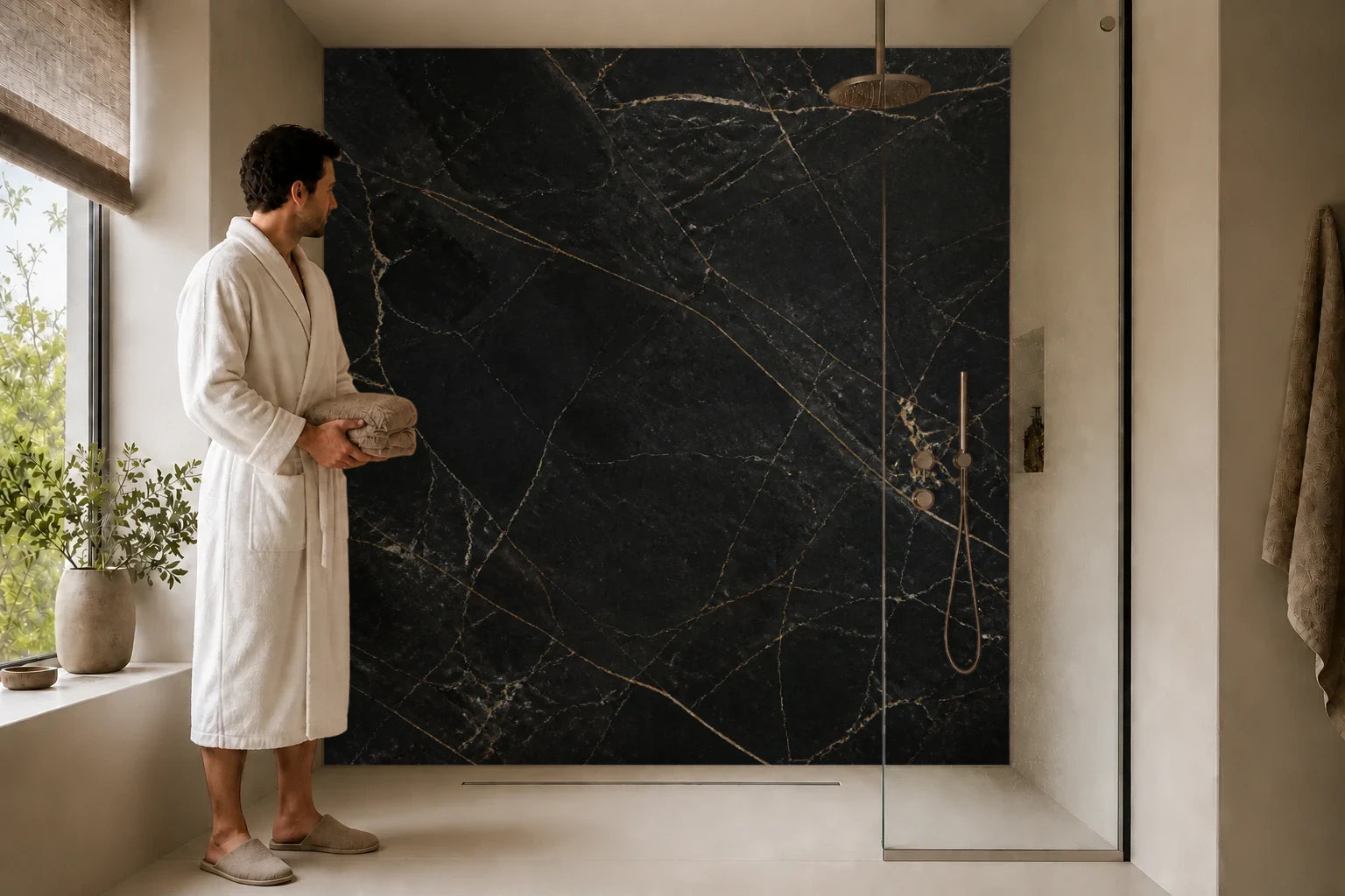 Duschrückwand „Nachtschimmer aus Schwarzem Goldader-Marmor“ in einer Dusche mit einem Mann im Bademantel