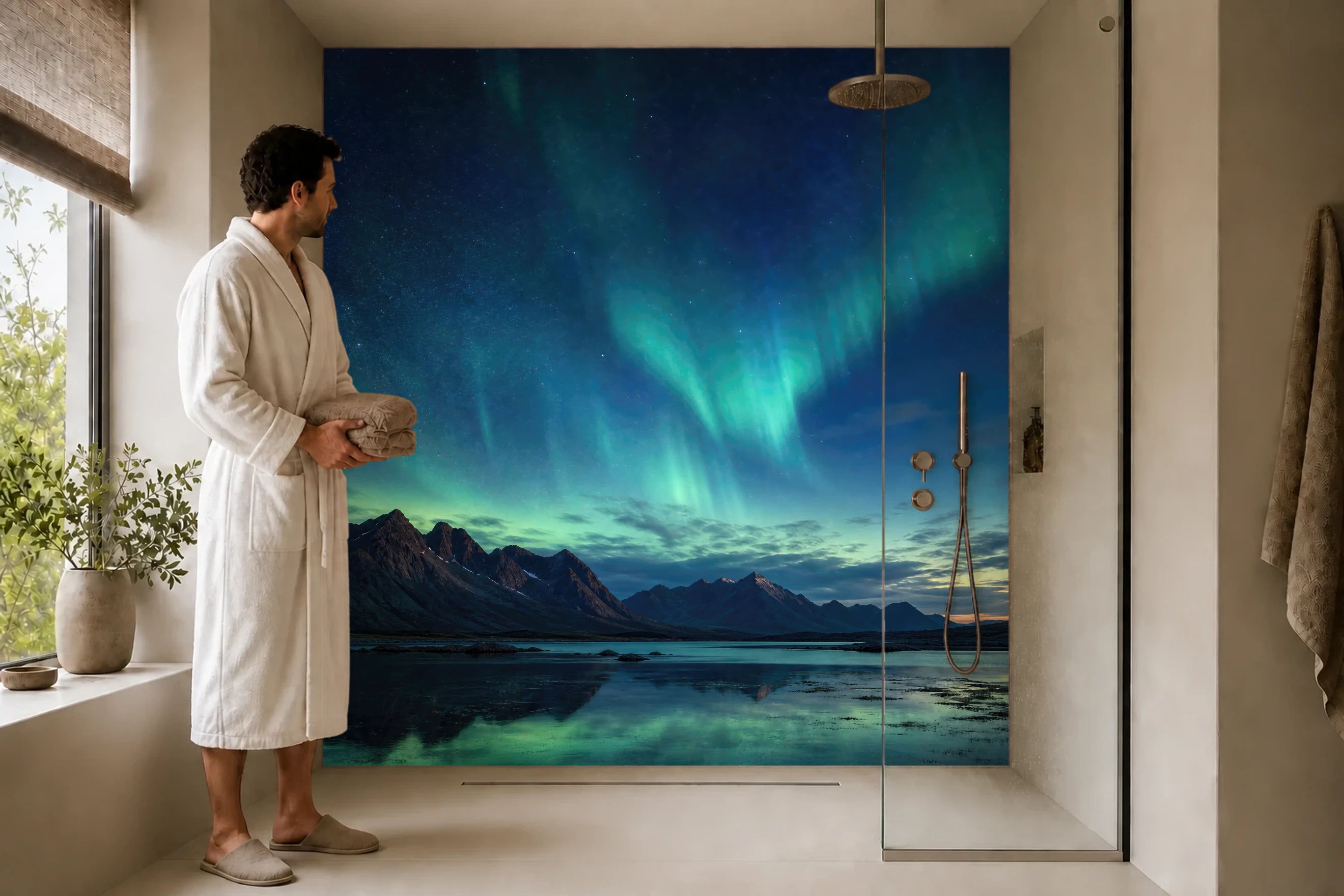 Duschrückwand „Polarlicht über Stiller Bergbucht“ in einer Dusche mit einem Mann im Bademantel