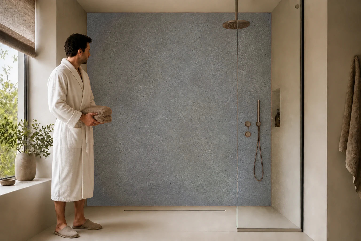 Duschrückwand „Graphitnebel auf Feinem Beton“ in einer Dusche mit einem Mann im Bademantel