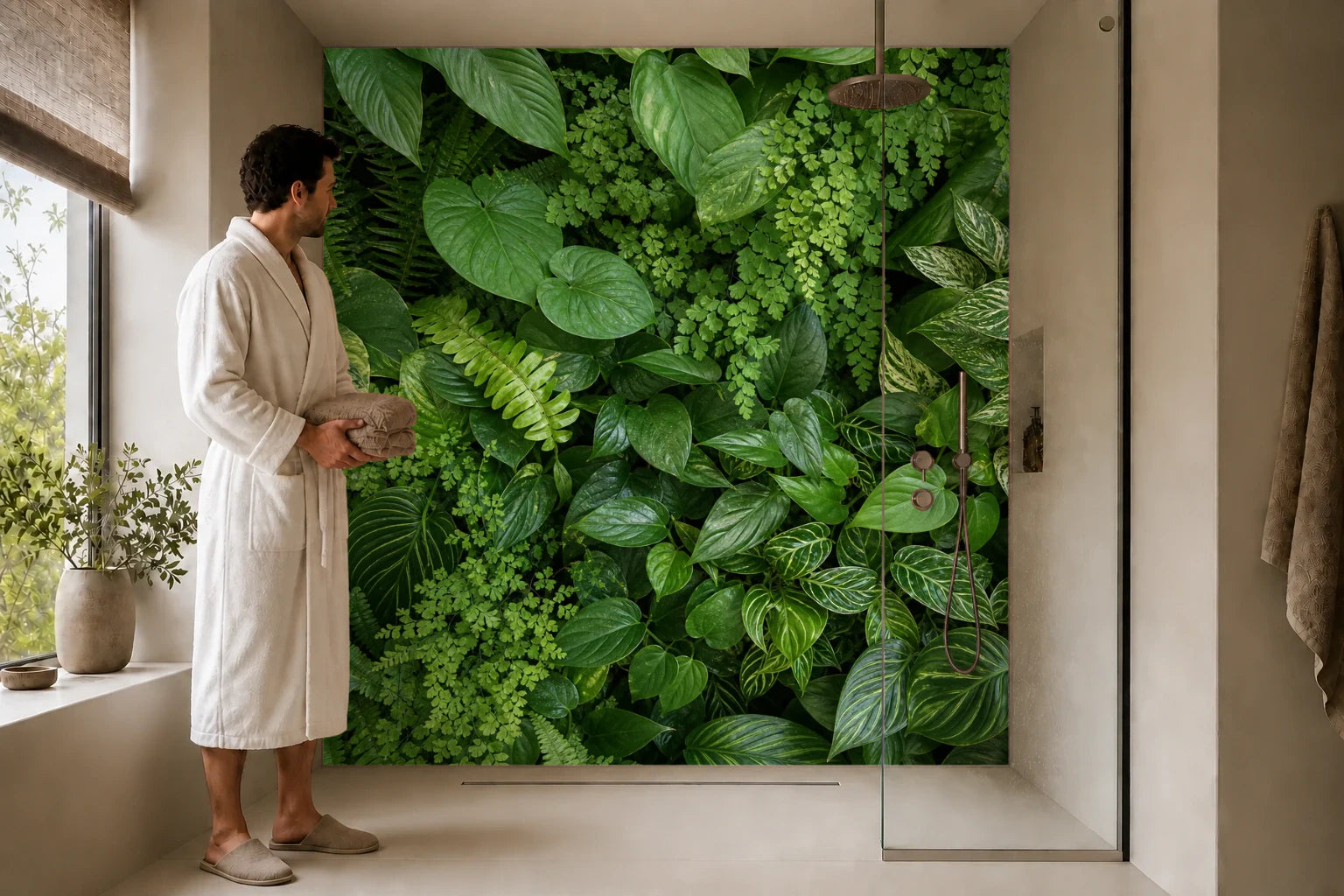 Duschrückwand „Grünraum aus Überlappenden Blättern“ in einer Dusche mit einem Mann im Bademantel