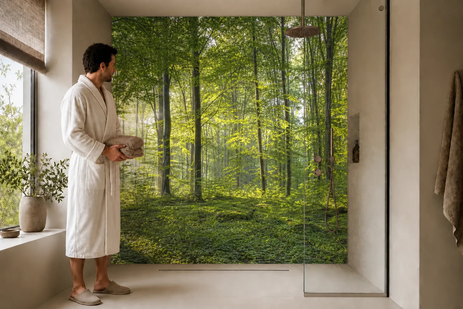 Duschrückwand „Sonnenpulse im Grünen Wald“ in einer Dusche mit einem Mann im Bademantel