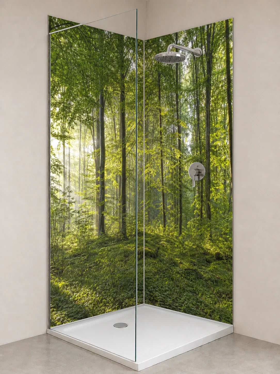Duschrückwand „Sonnenpulse im Grünen Wald“ als installierte Rückwand in einer hellen Dusche