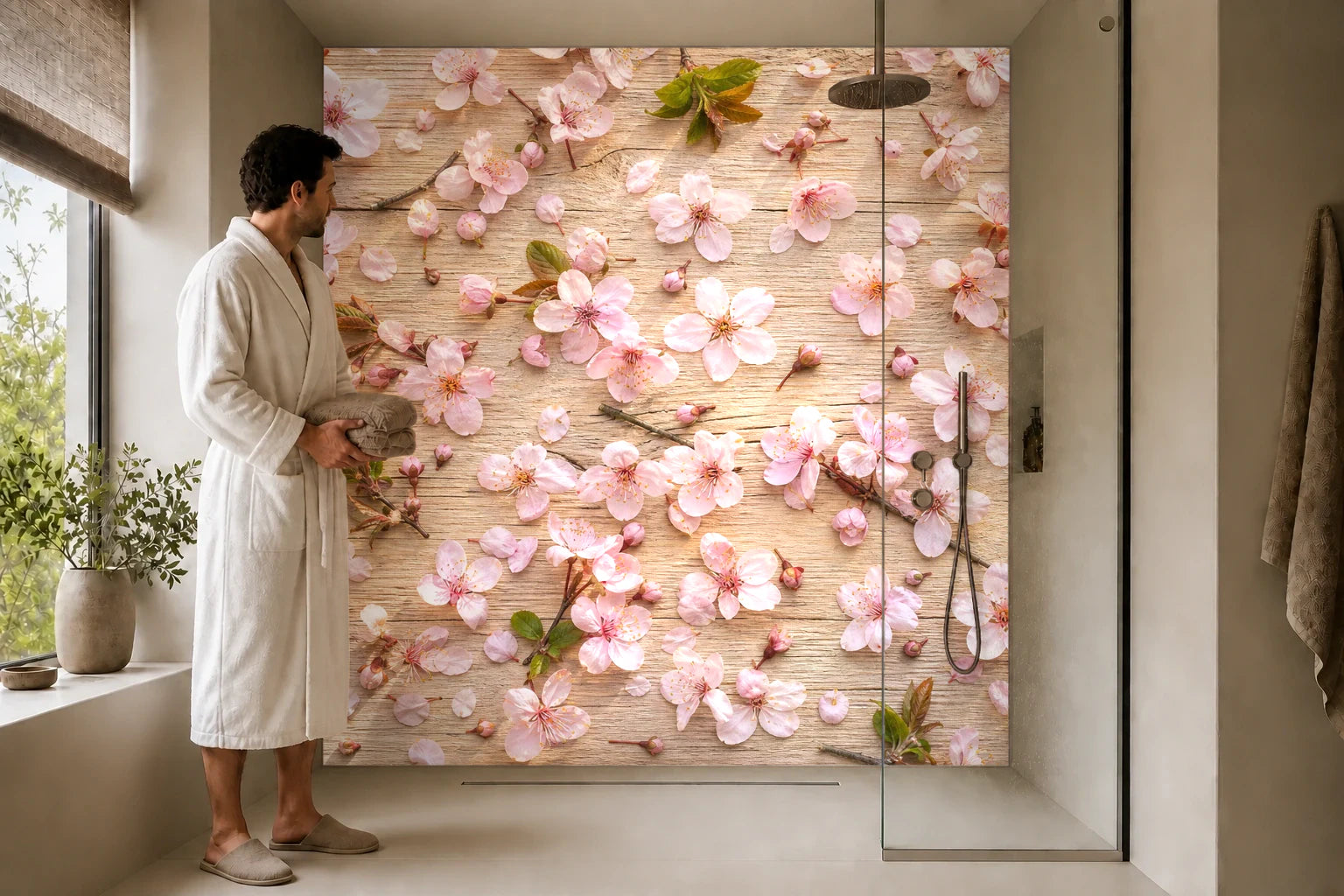 Duschrückwand „Frühlingsblüten auf Hellem Holz“ in einer Dusche mit einem Mann im Bademantel