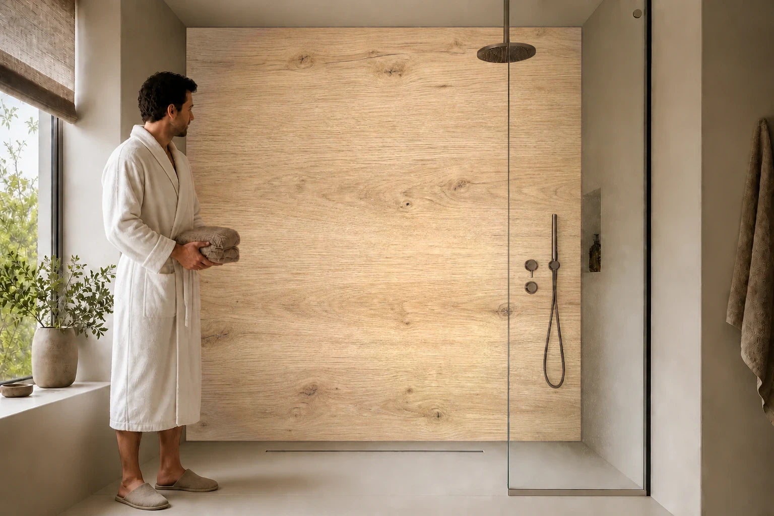 Duschrückwand „Sandhelle Holzmaserung“ in einer Dusche mit einem Mann im Bademantel
