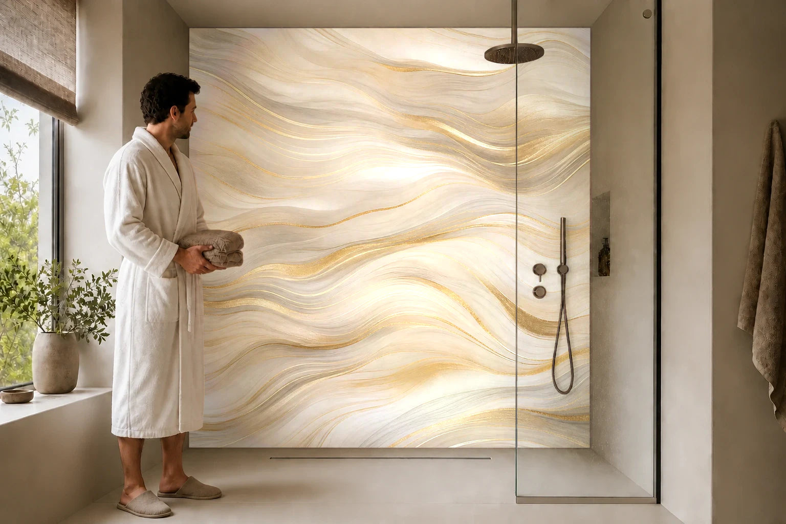 Duschrückwand „Goldwellen auf Cremigem Grund“ in einer Dusche mit einem Mann im Bademantel