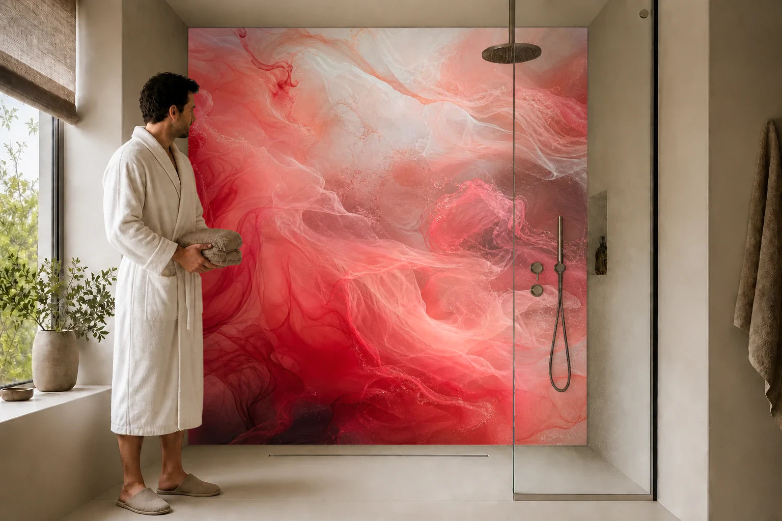 Duschrückwand „Karminströmung im Farbnebel“ in einer Dusche mit einem Mann im Bademantel