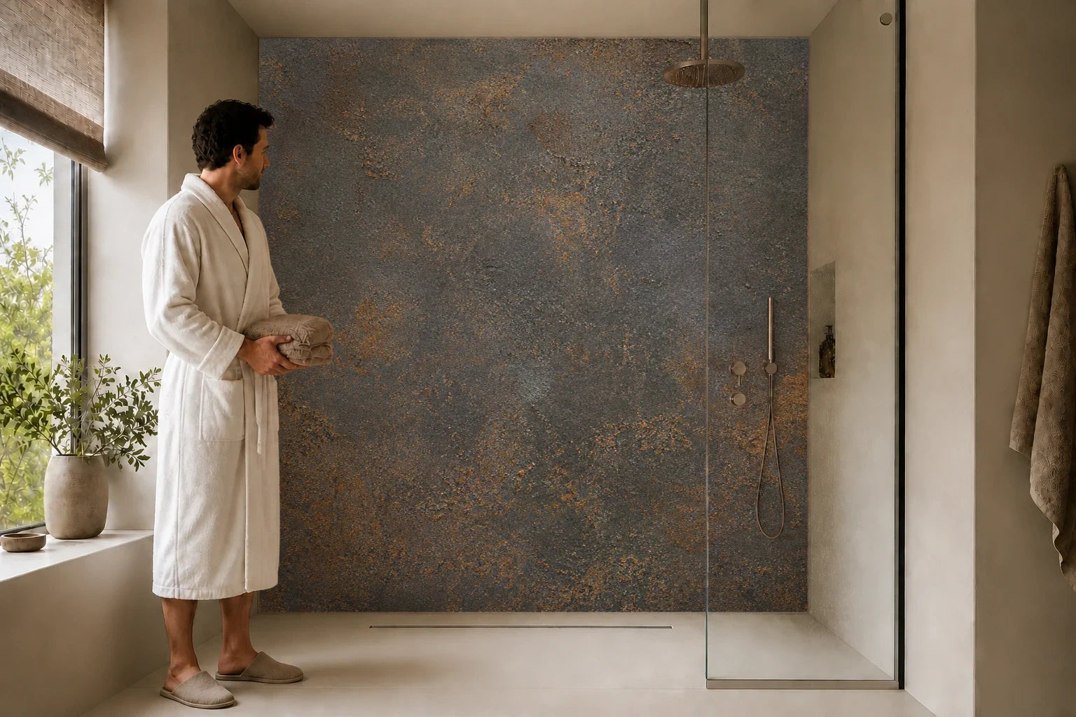 Duschrückwand „Rostpatina auf Altem Eisen“ in einer Dusche mit einem Mann im Bademantel