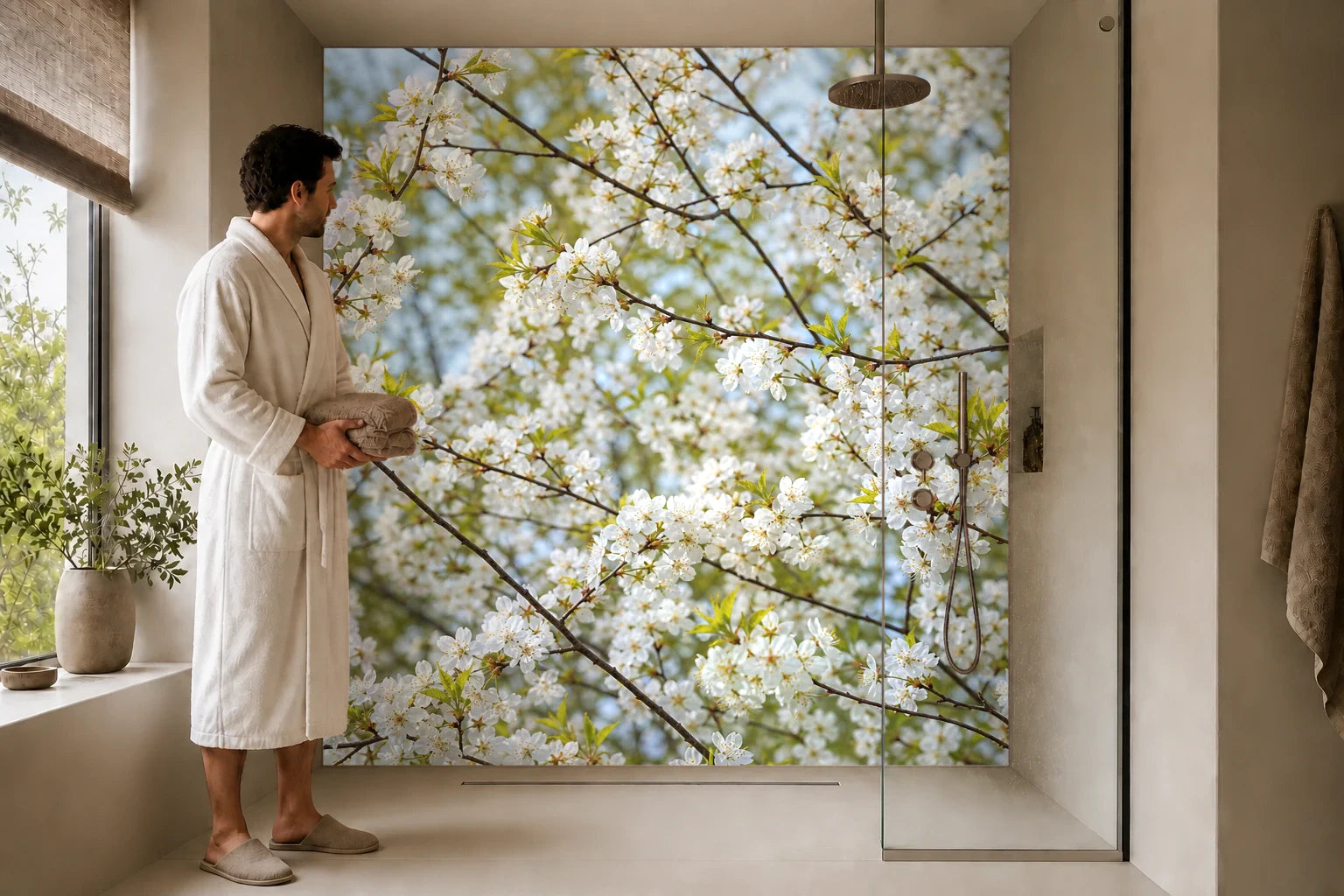Duschrückwand „Kirschblüten im Frühlingshauch“ in einer Dusche mit einem Mann im Bademantel