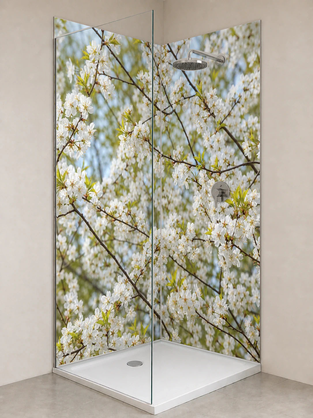 Duschrückwand „Kirschblüten im Frühlingshauch“ als installierte Rückwand in einer hellen Dusche