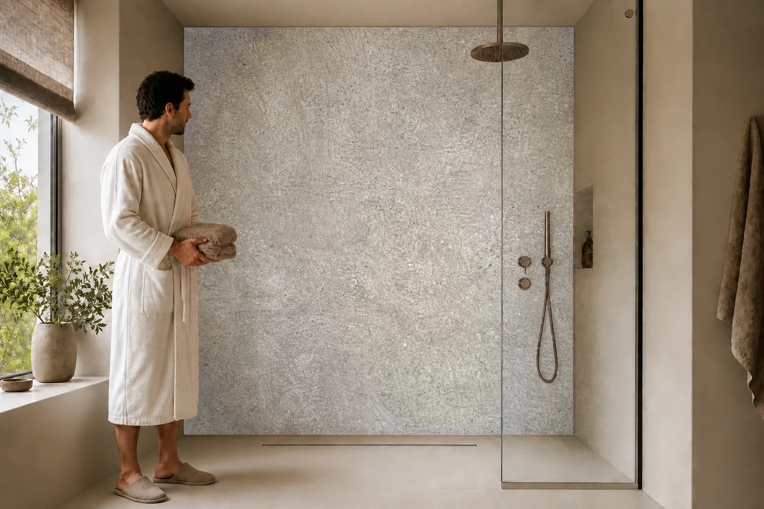 Duschrückwand „Betongrau mit Werkspatina“ in einer Dusche mit einem Mann im Bademantel